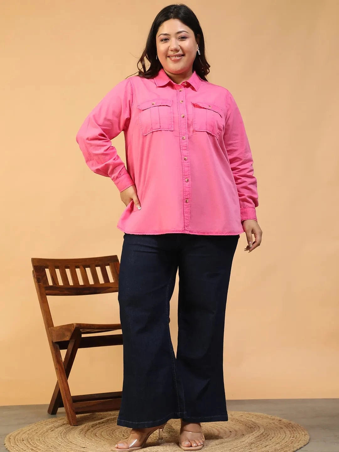 Wonder Pink Yellow Collared Long Sleeve Button Down Plus Size Women Cotton Shirt