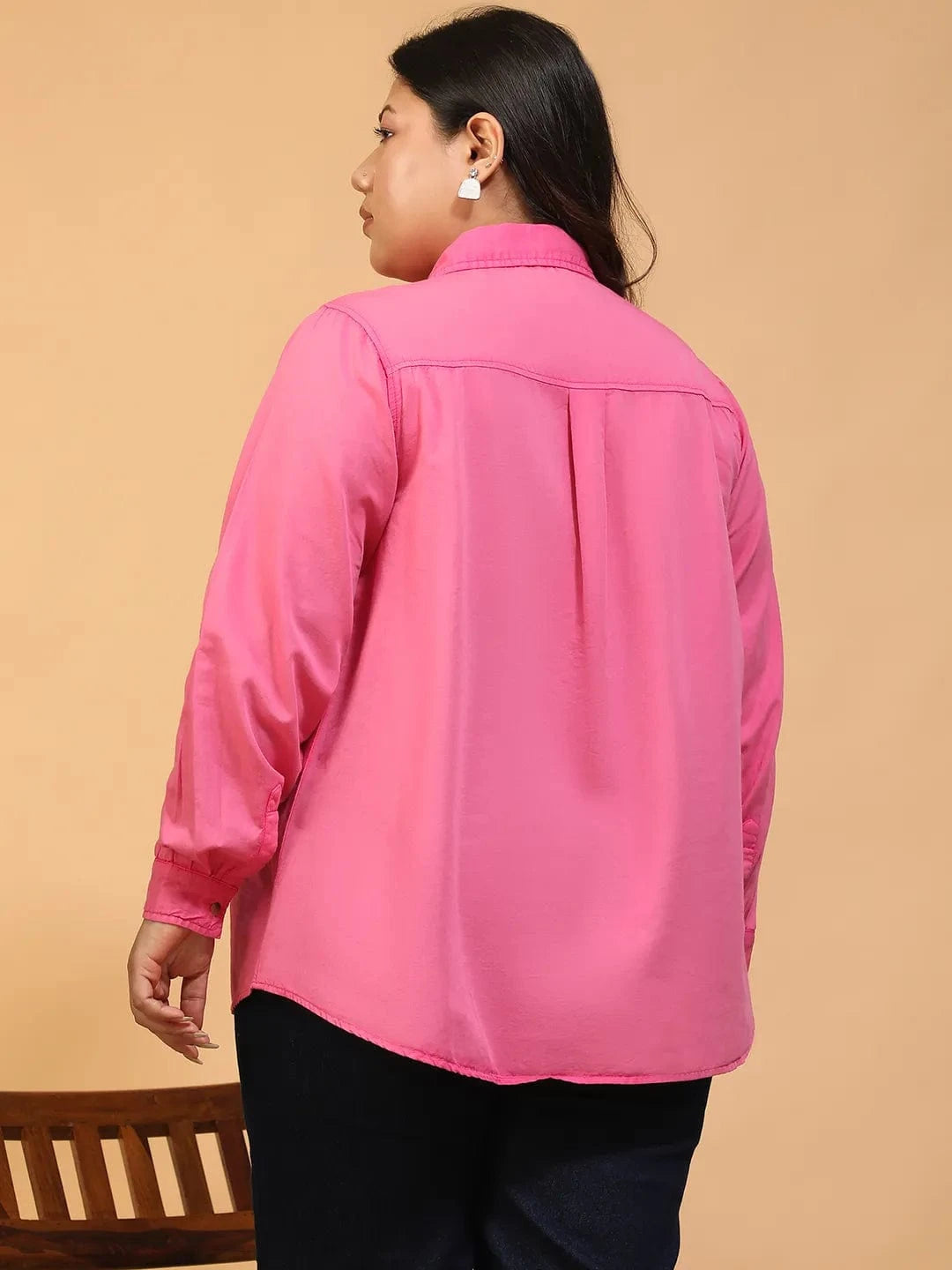 Wonder Pink Yellow Collared Long Sleeve Button Down Plus Size Women Cotton Shirt