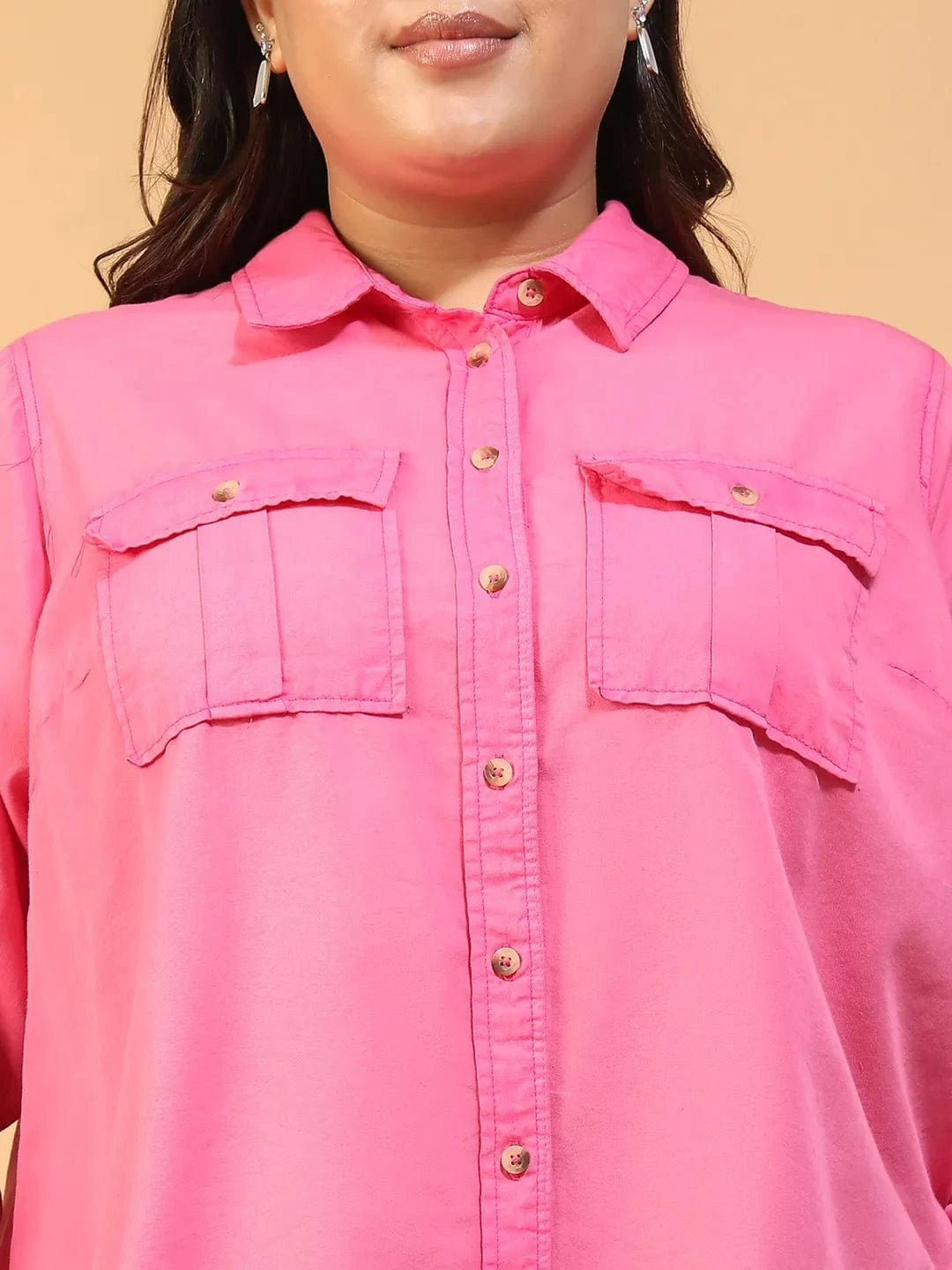 Wonder Pink Yellow Collared Long Sleeve Button Down Plus Size Women Cotton Shirt