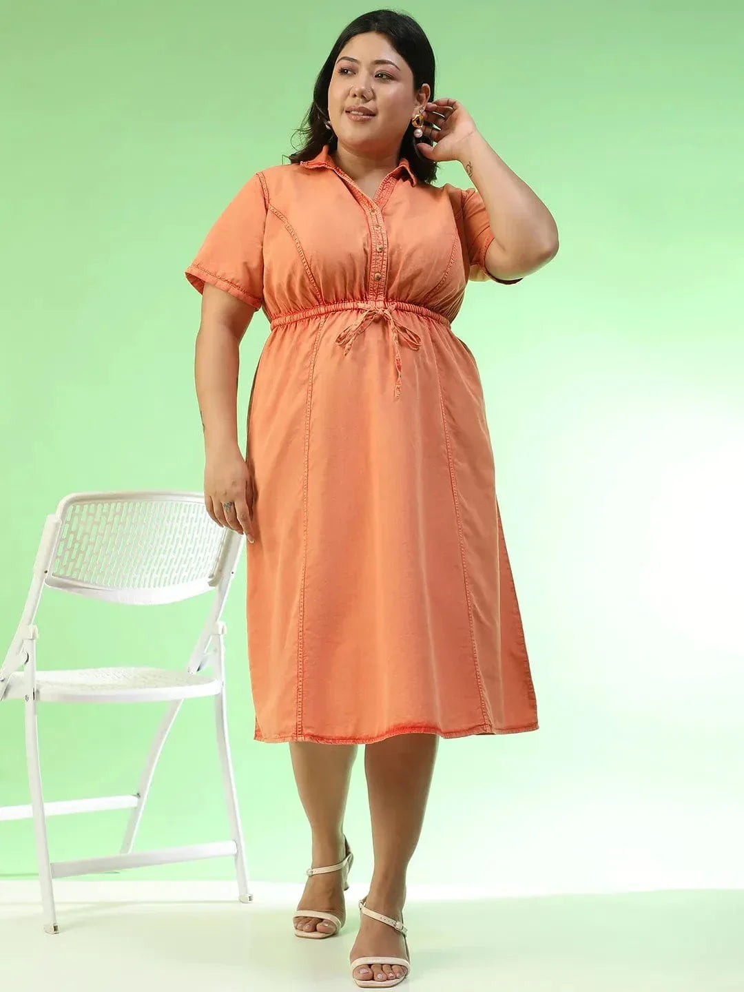 Glamoured Orange Collared Short Sleeve Elasticated Tie-Up Detail Button  Down Plus Size Women Cotton Dress