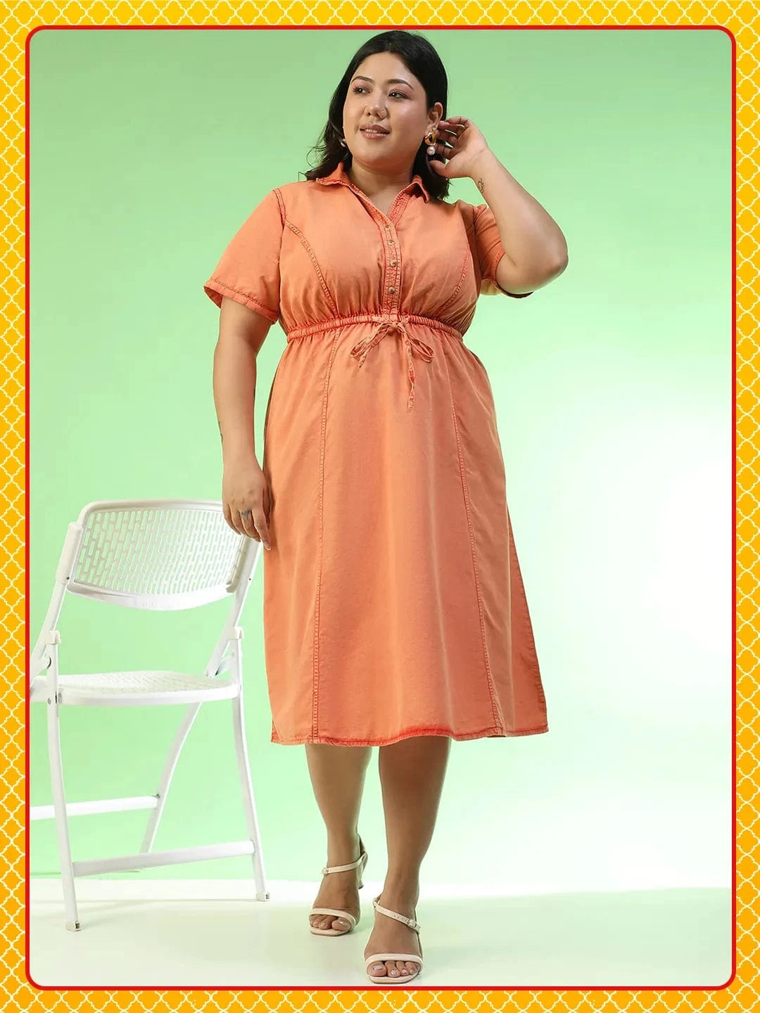 Glamoured Orange Collared Short Sleeve Elasticated Tie-Up Detail Button Down Plus Size Women Cotton Dress