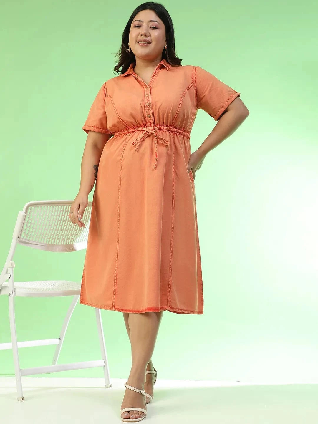 Glamoured Orange Collared Short Sleeve Elasticated Tie-Up Detail Button Down Plus Size Women Cotton Dress