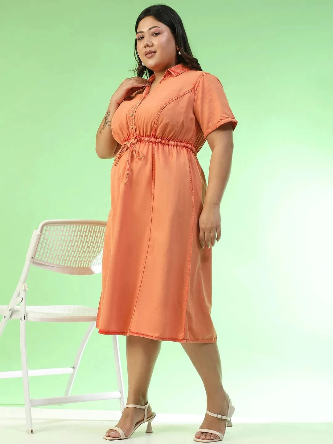 Glamoured Orange Collared Short Sleeve Elasticated Tie-Up Detail Button Down Plus Size Women Cotton Dress