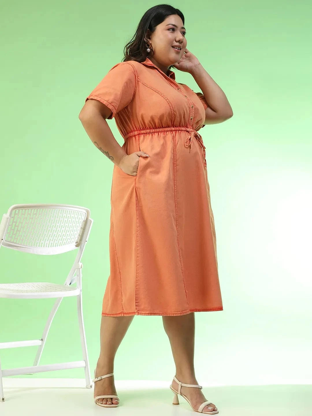 Glamoured Orange Collared Short Sleeve Elasticated Tie-Up Detail Button Down Plus Size Women Cotton Dress