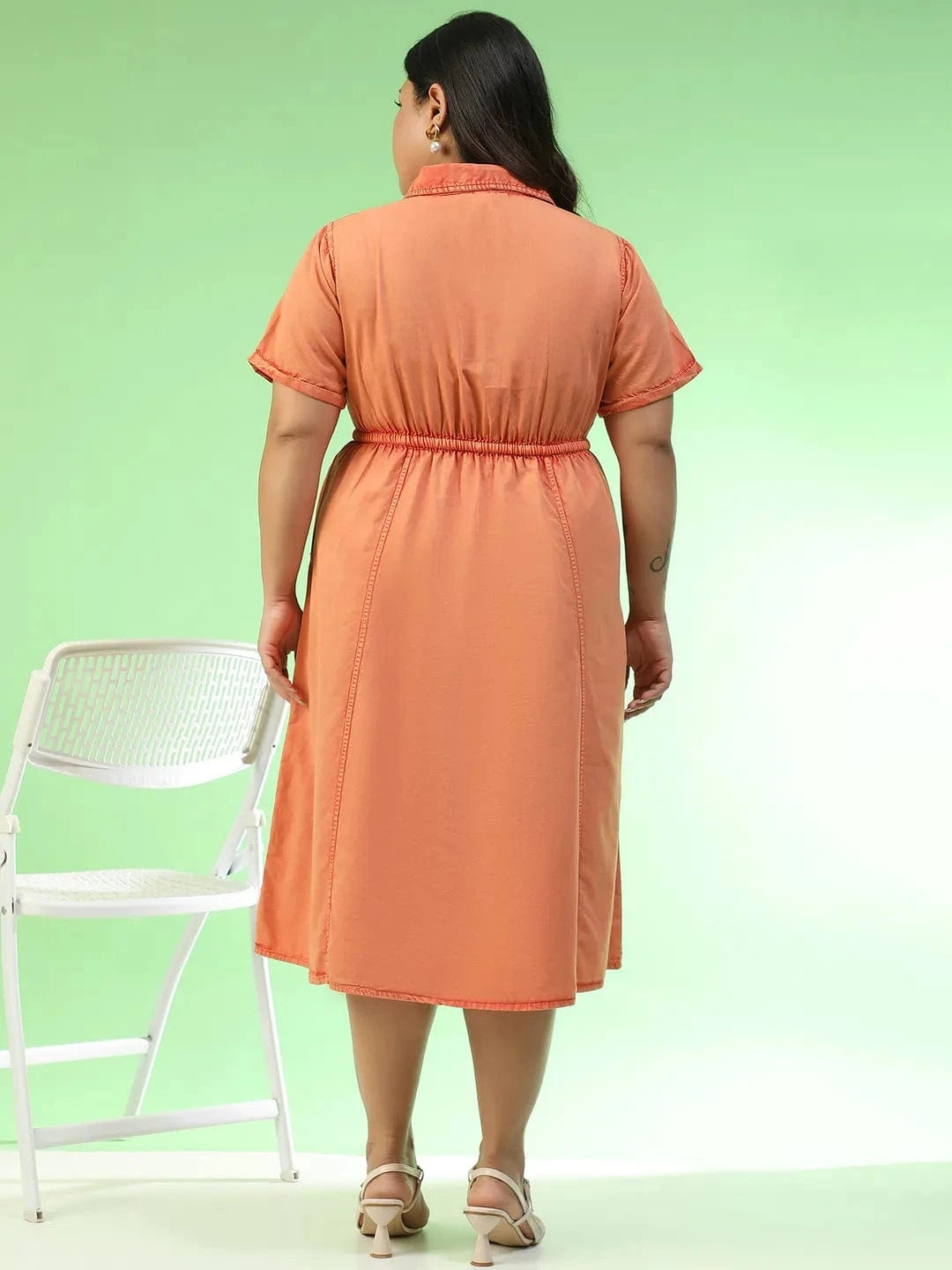 Glamoured Orange Collared Short Sleeve Elasticated Tie-Up Detail Button Down Plus Size Women Cotton Dress