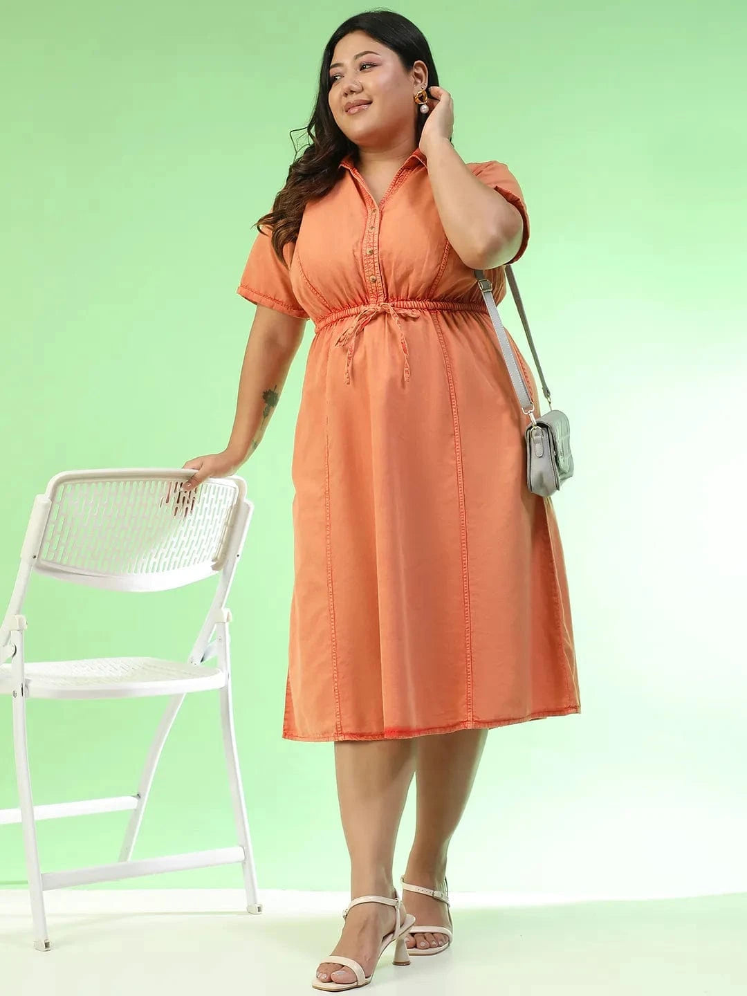 Glamoured Orange Collared Short Sleeve Elasticated Tie-Up Detail Button Down Plus Size Women Cotton Dress