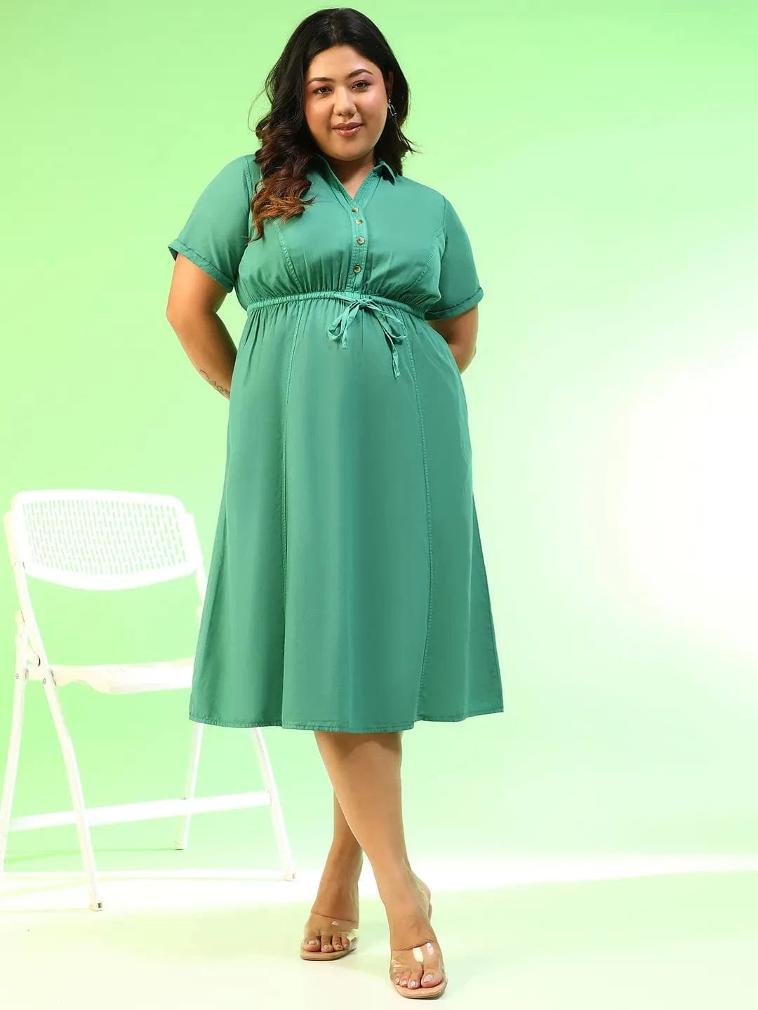 Mystical Green Collared Short Sleeve Elasticated Tie-Up Detail Button Down Plus Size Women Cotton Dress