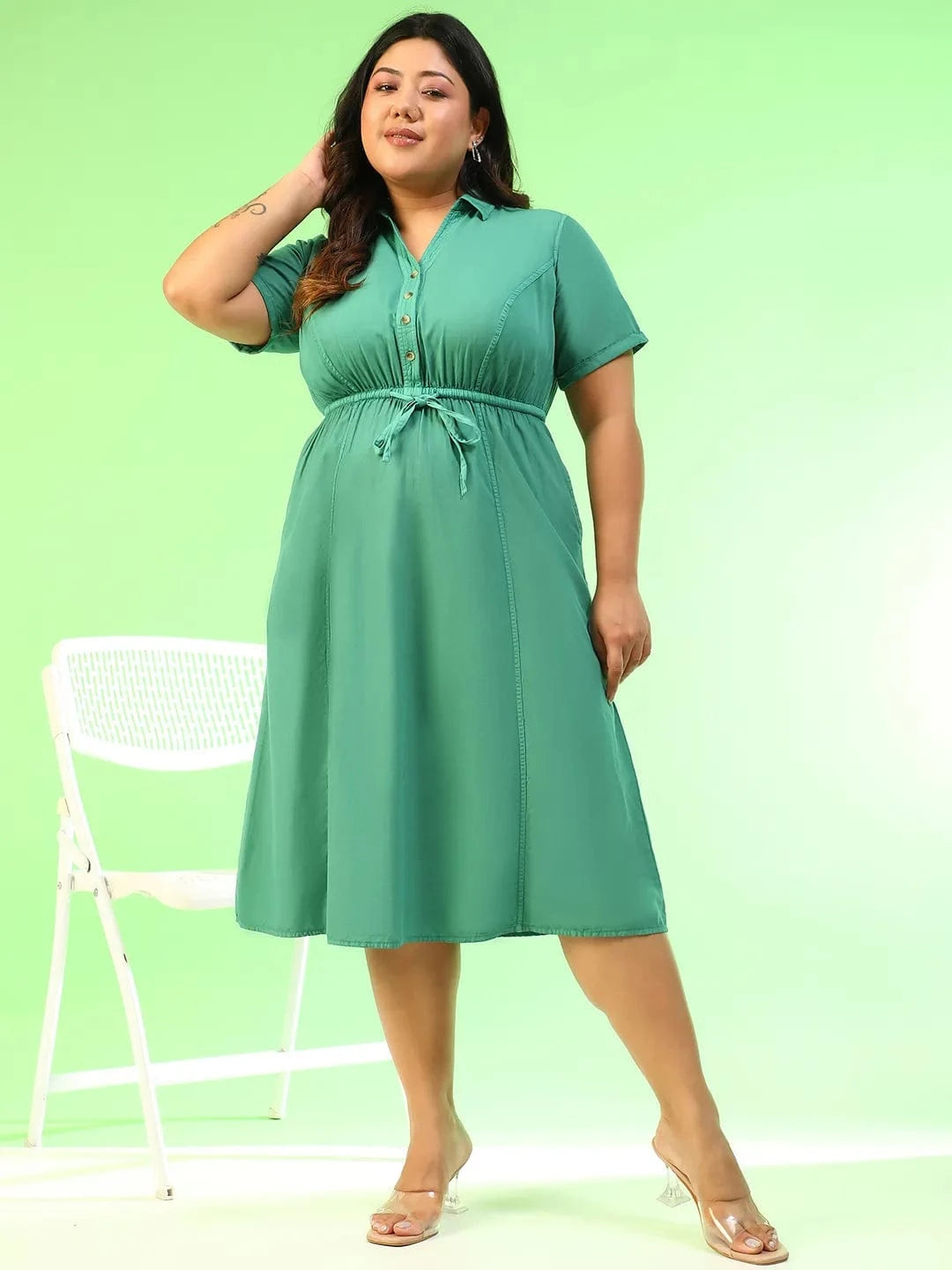 Mystical Green Collared Short Sleeve Elasticated Tie-Up Detail Button Down Plus Size Women Cotton Dress
