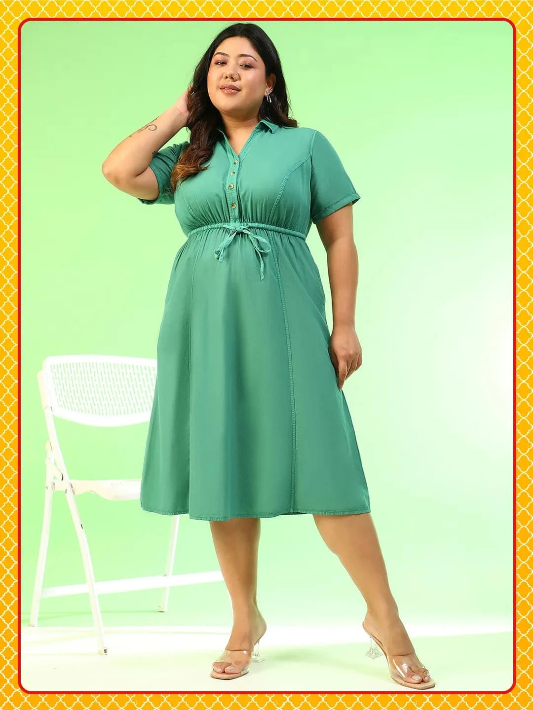 Mystical Green Collared Short Sleeve Elasticated Tie-Up Detail Button Down Plus Size Women Cotton Dress