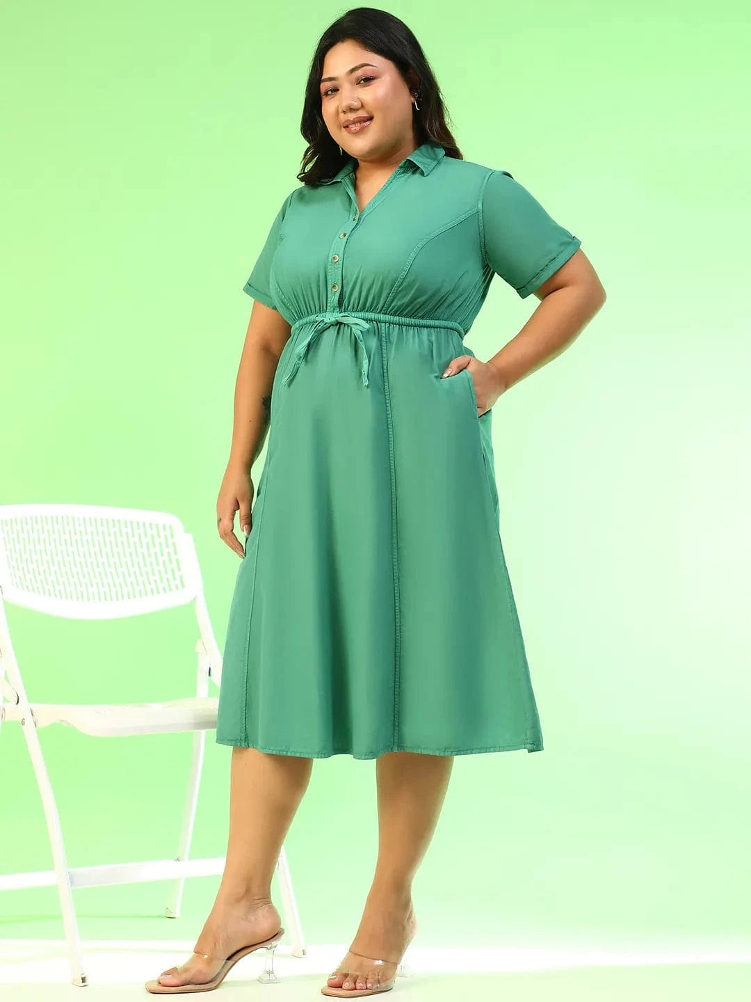Mystical Green Collared Short Sleeve Elasticated Tie-Up Detail Button Down Plus Size Women Cotton Dress
