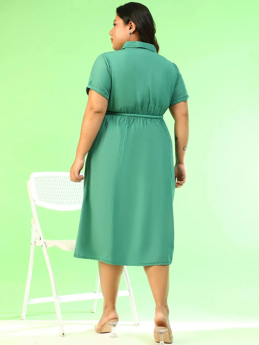 Mystical Green Collared Short Sleeve Elasticated Tie-Up Detail Button Down Plus Size Women Cotton Dress