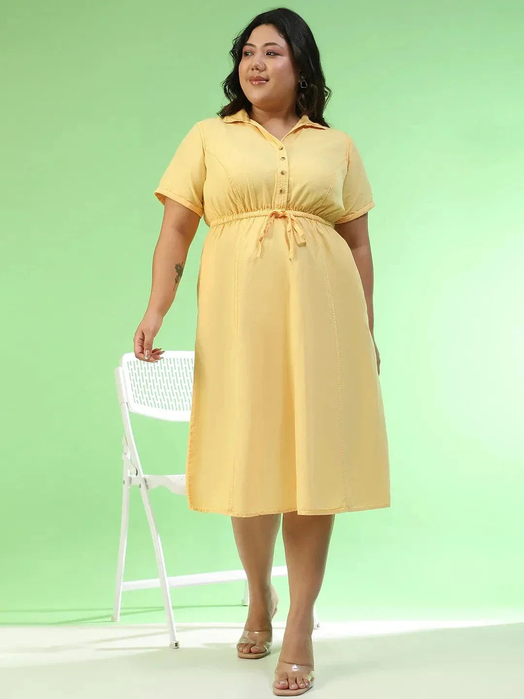 Flawless Yellow Collared Short Sleeve Elasticated Tie-Up Detail Button Down Plus Size Women Cotton Dress