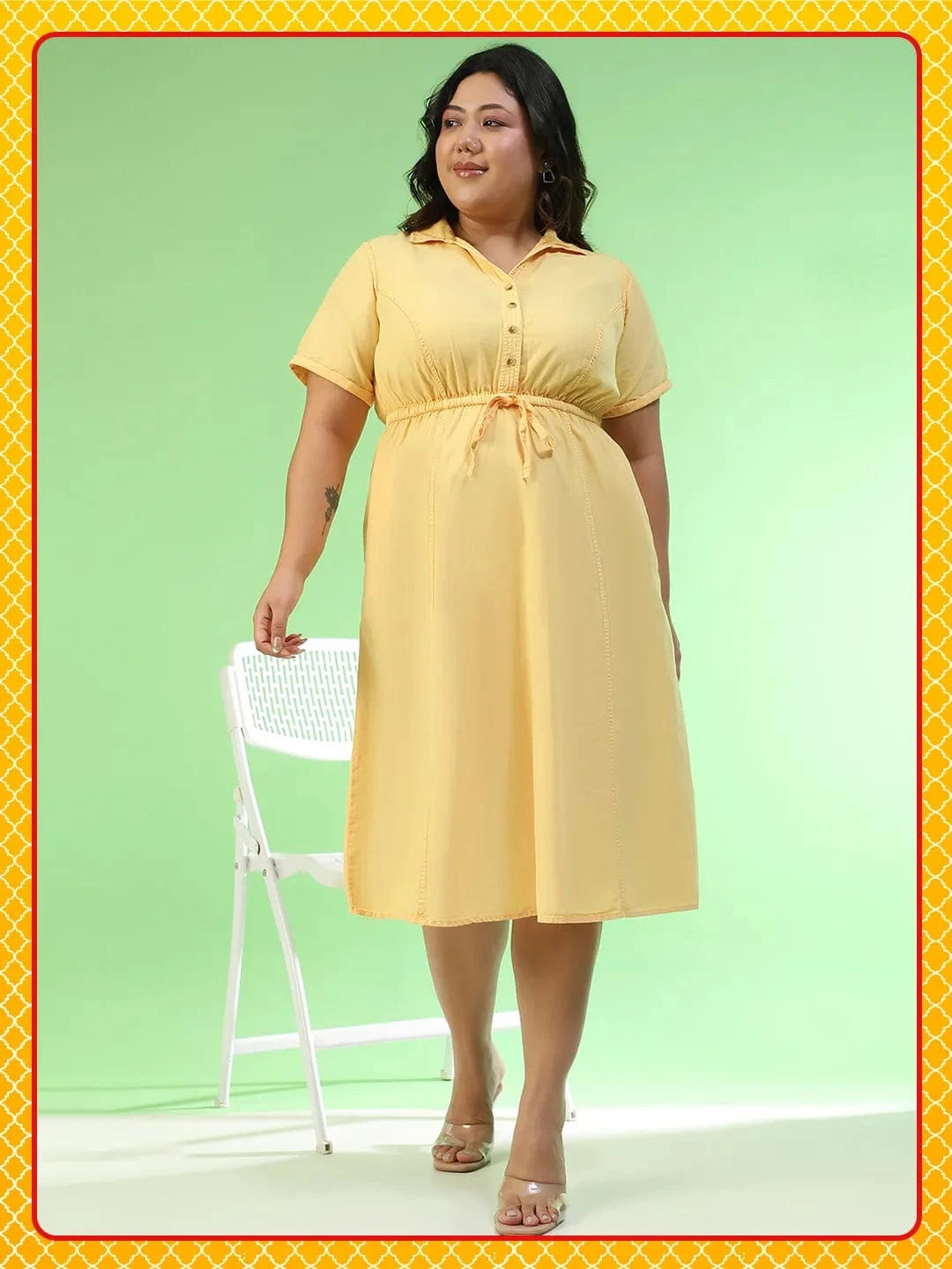 Flawless Yellow Collared Short Sleeve Elasticated Tie-Up Detail Button Down Plus Size Women Cotton Dress