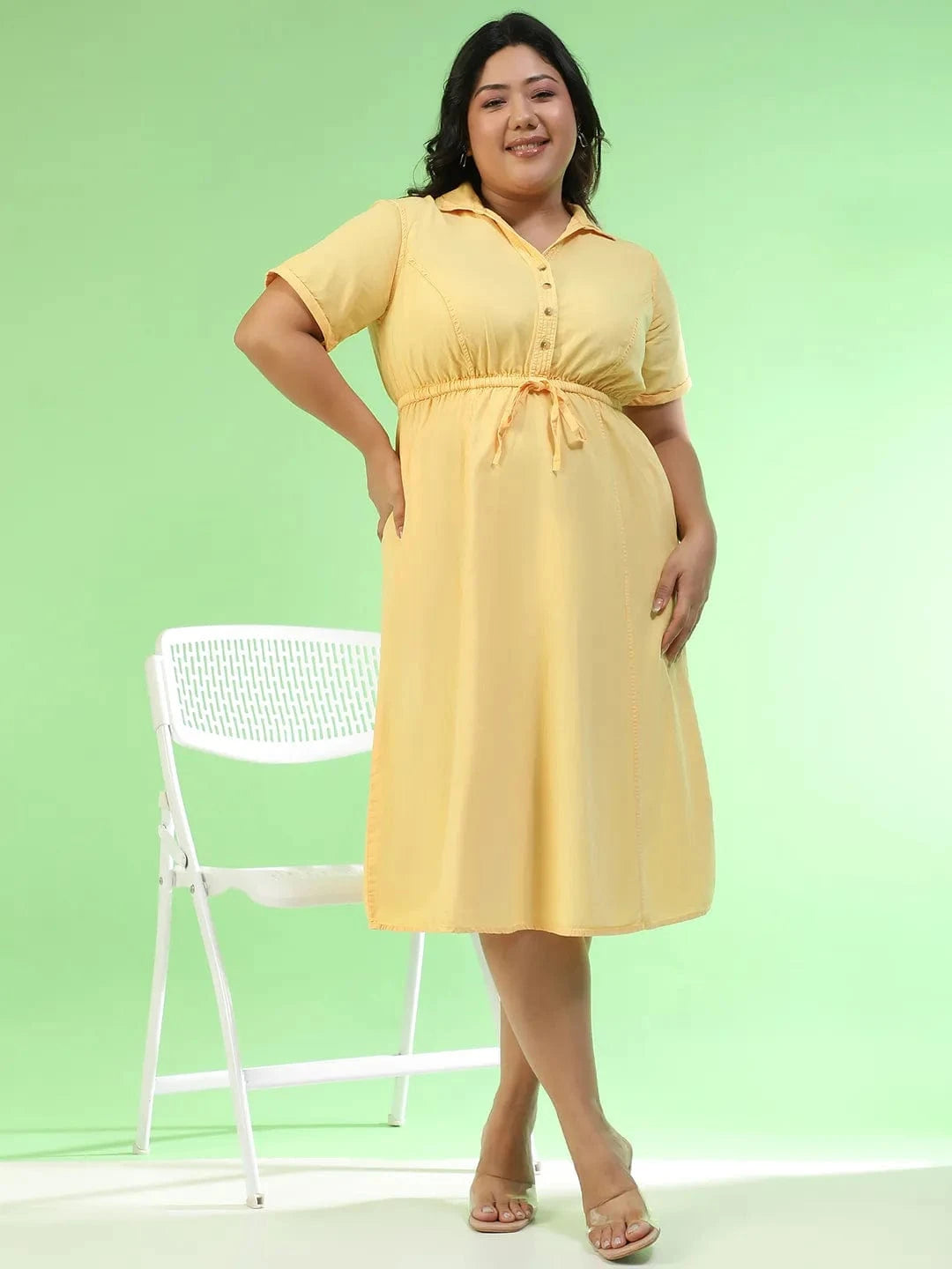 Flawless Yellow Collared Short Sleeve Elasticated Tie-Up Detail Button Down Plus Size Women Cotton Dress