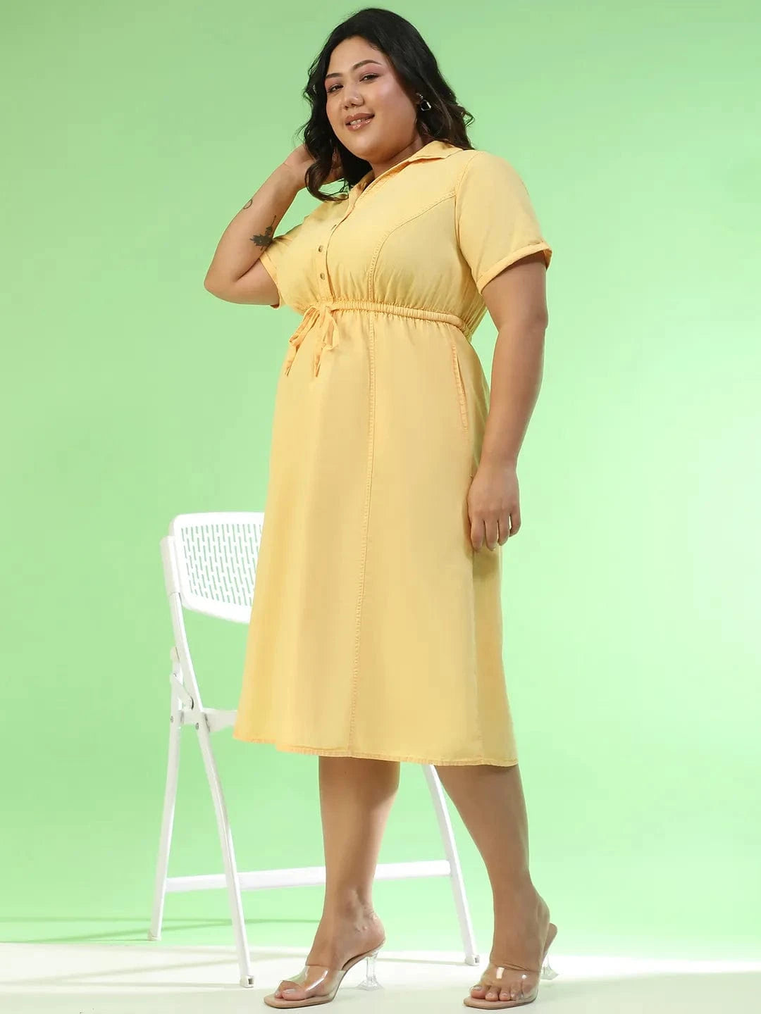Flawless Yellow Collared Short Sleeve Elasticated Tie-Up Detail Button Down Plus Size Women Cotton Dress