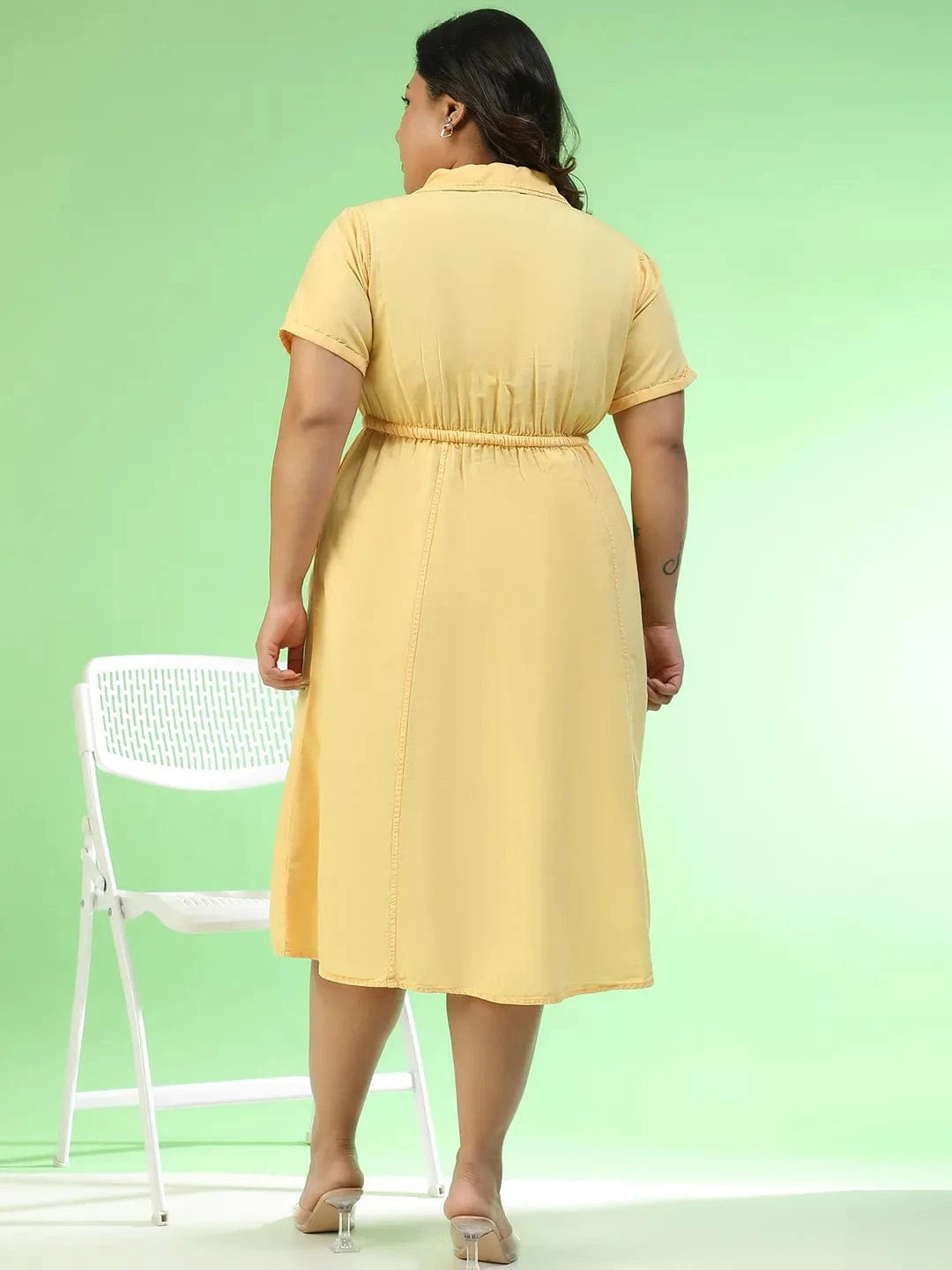 Flawless Yellow Collared Short Sleeve Elasticated Tie-Up Detail Button Down Plus Size Women Cotton Dress