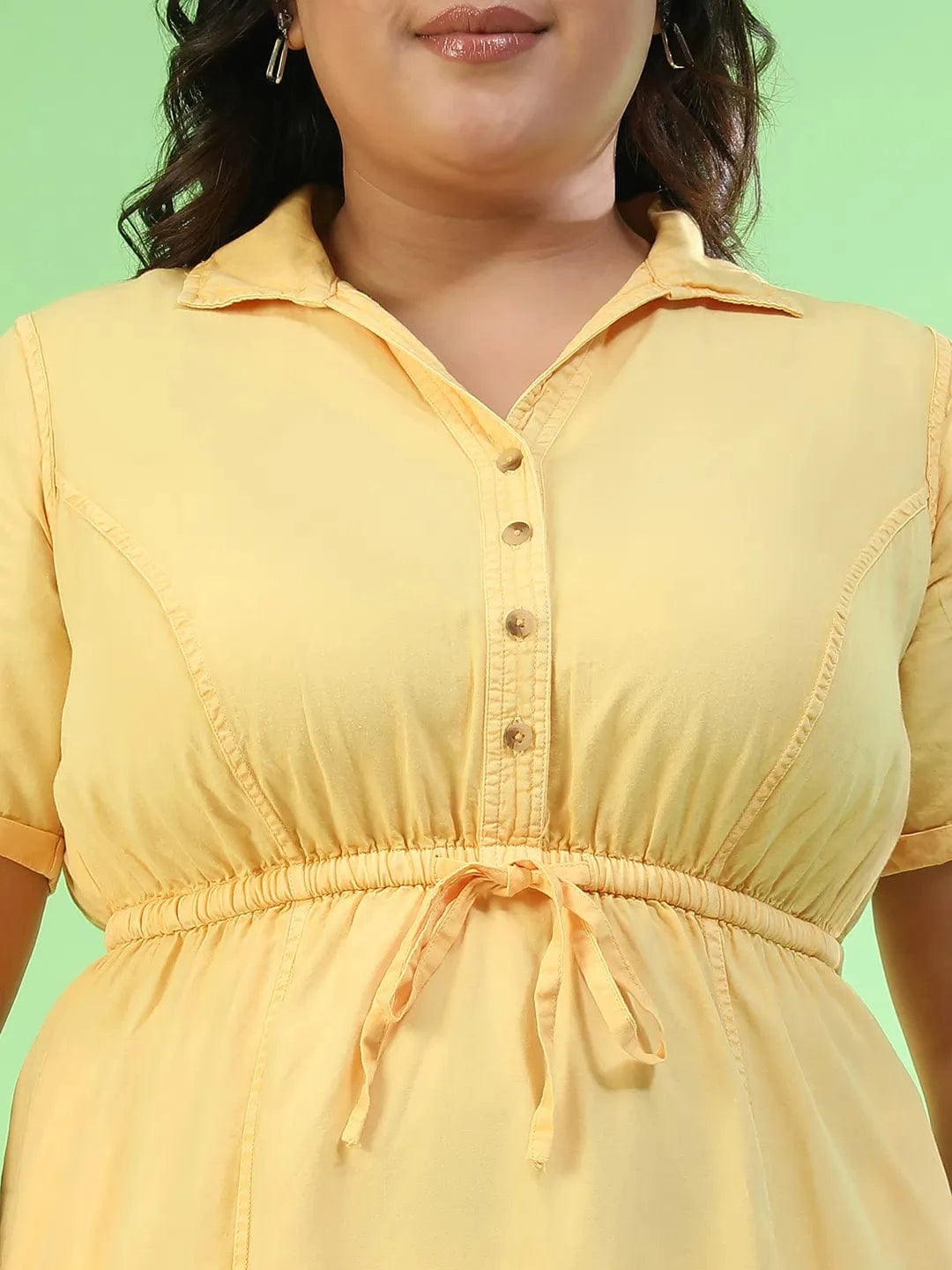 Flawless Yellow Collared Short Sleeve Elasticated Tie-Up Detail Button Down Plus Size Women Cotton Dress