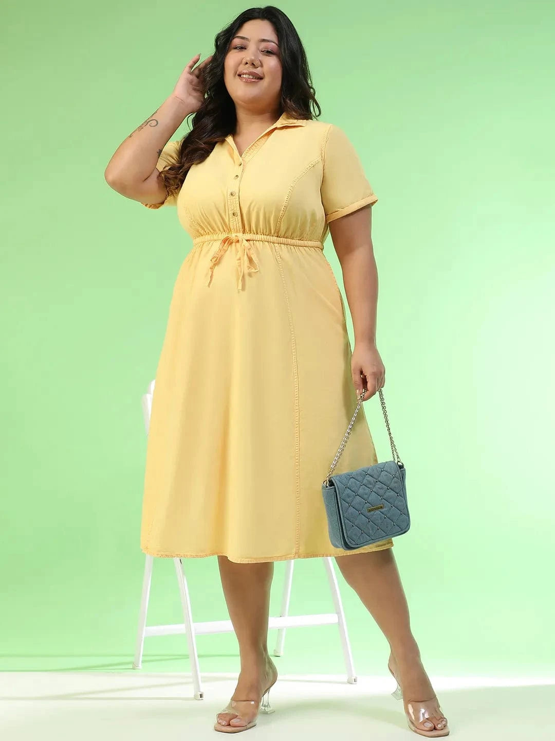 Flawless Yellow Collared Short Sleeve Elasticated Tie-Up Detail Button Down Plus Size Women Cotton Dress