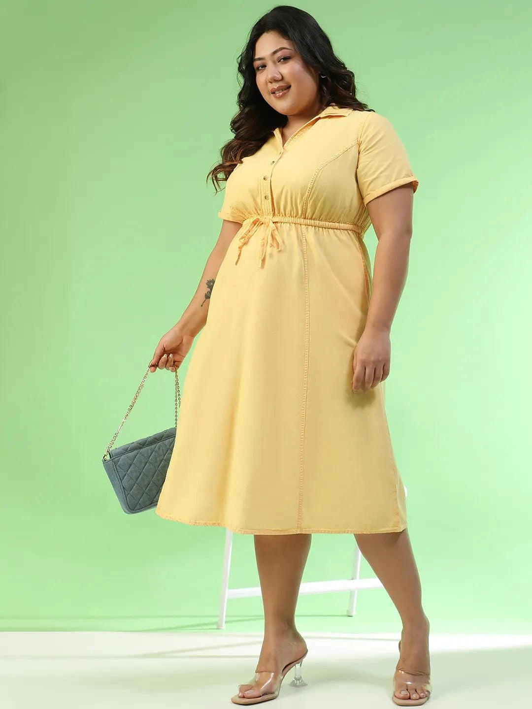 Flawless Yellow Collared Short Sleeve Elasticated Tie-Up Detail Button Down Plus Size Women Cotton Dress
