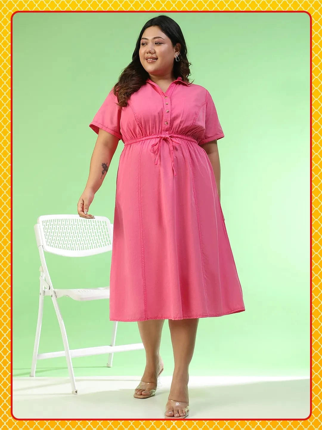 Cameo Pink Collared Short Sleeve Elasticated Tie-Up Detail Button Down Plus Size Women Cotton Dress