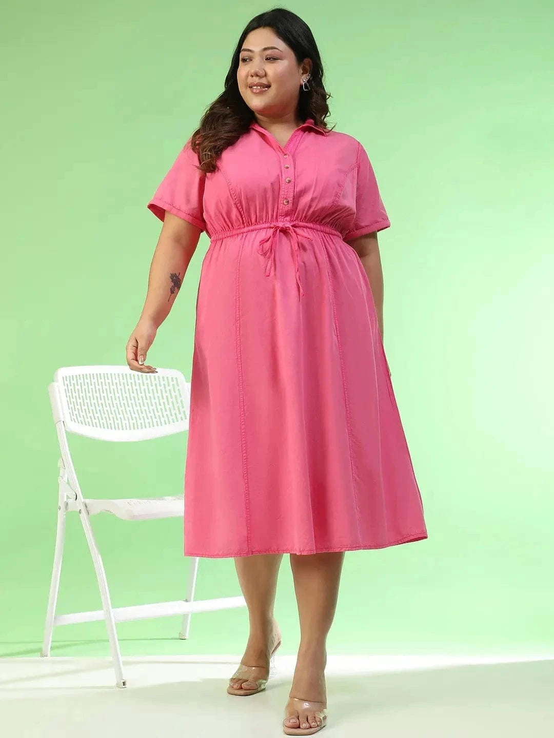 Cameo Pink Collared Short Sleeve Elasticated Tie-Up Detail Button Down Plus Size Women Cotton Dress