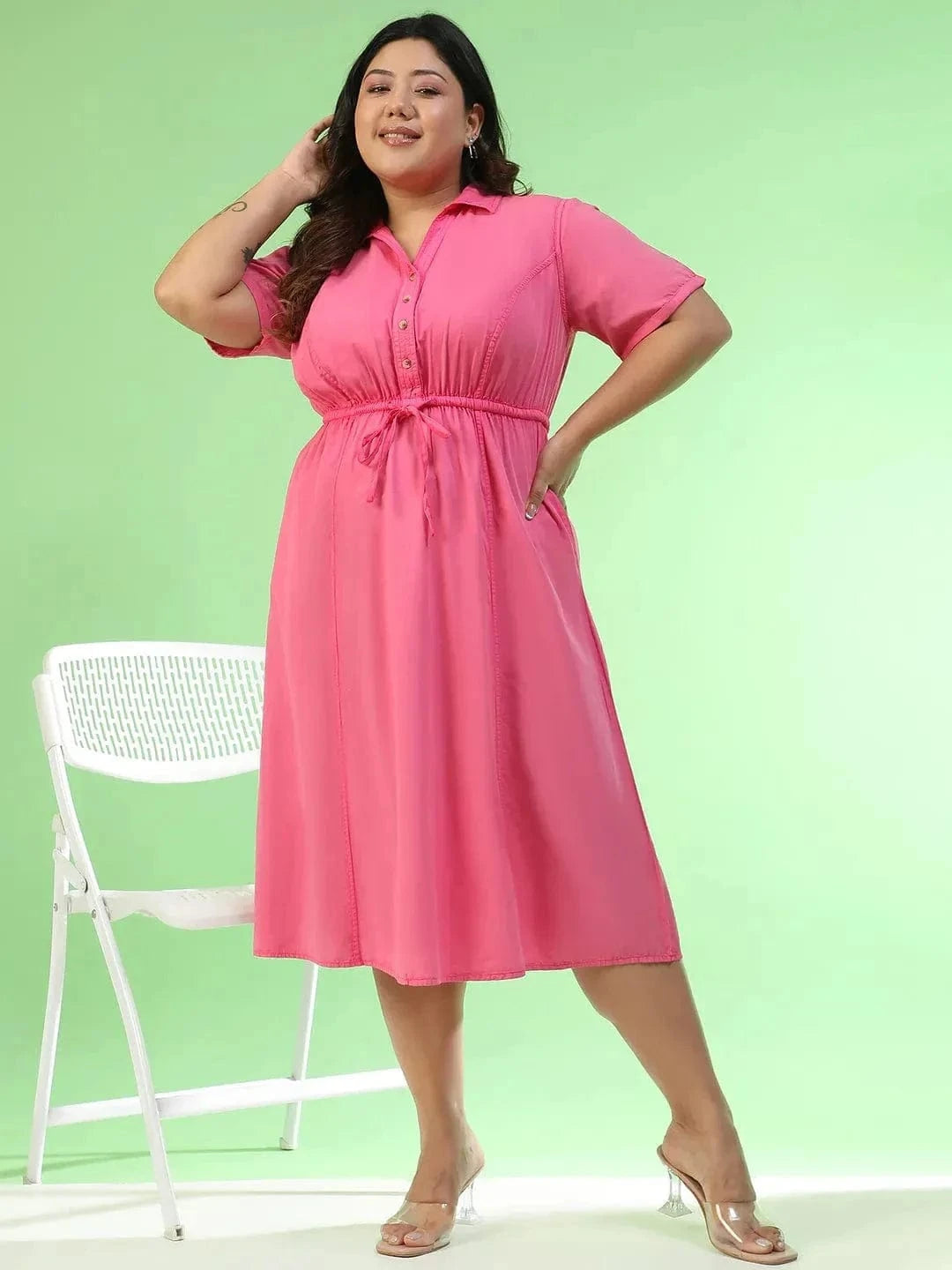 Cameo Pink Collared Short Sleeve Elasticated Tie-Up Detail Button Down Plus Size Women Cotton Dress