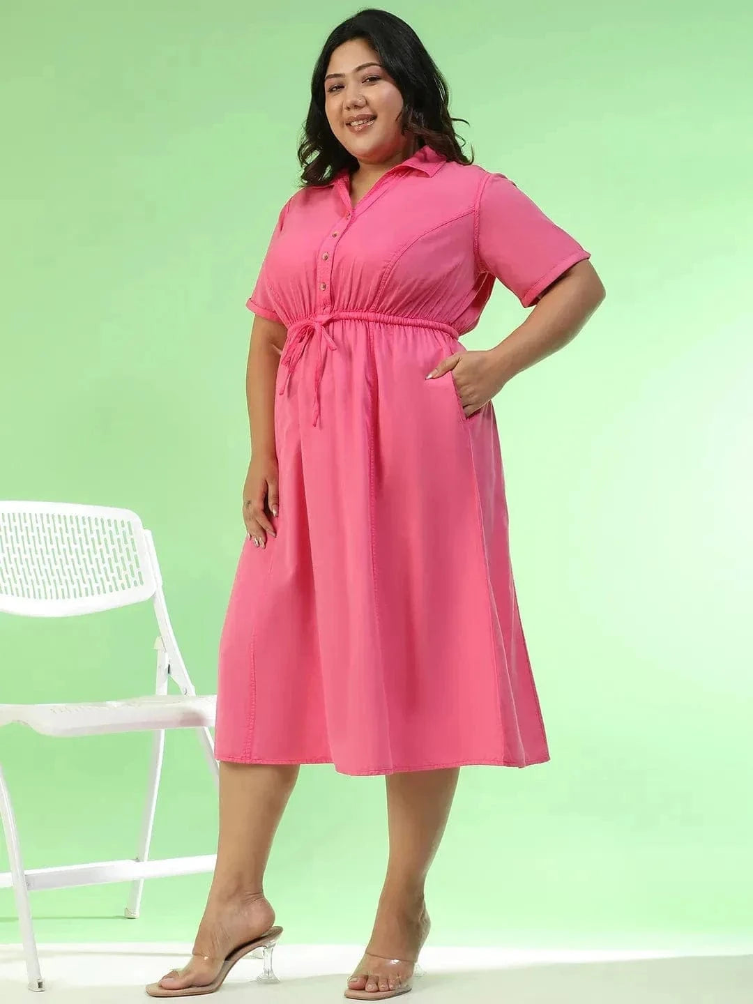 Cameo Pink Collared Short Sleeve Elasticated Tie-Up Detail Button Down Plus Size Women Cotton Dress