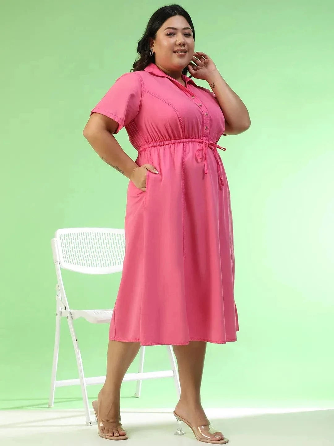 Cameo Pink Collared Short Sleeve Elasticated Tie-Up Detail Button Down Plus Size Women Cotton Dress