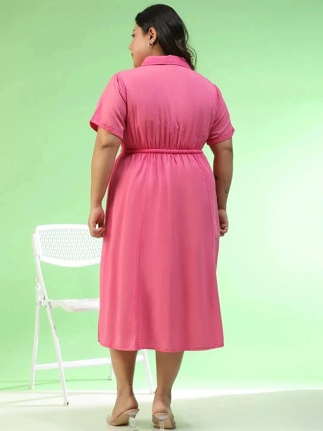 Cameo Pink Collared Short Sleeve Elasticated Tie-Up Detail Button Down Plus Size Women Cotton Dress
