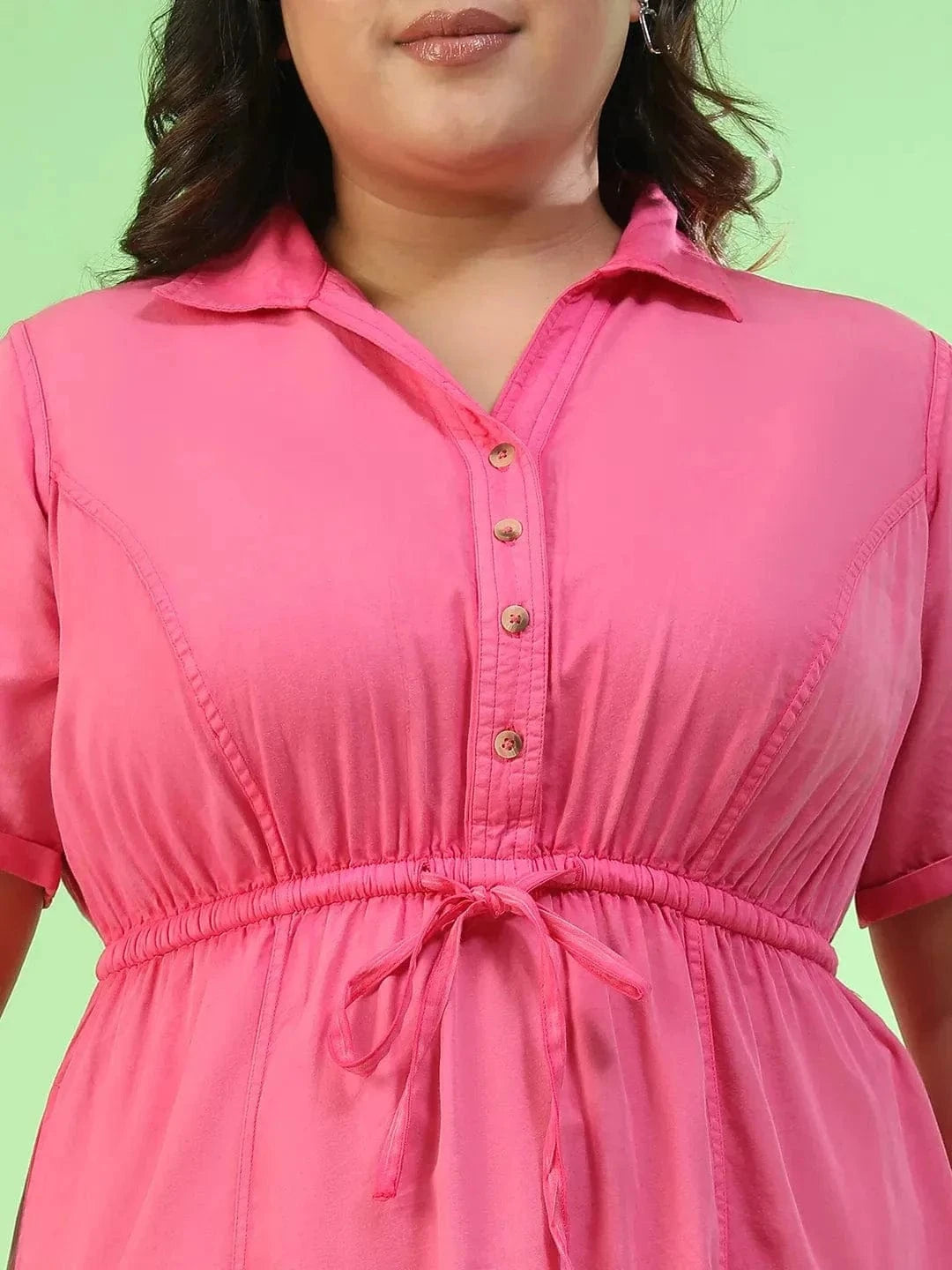 Cameo Pink Collared Short Sleeve Elasticated Tie-Up Detail Button Down Plus Size Women Cotton Dress
