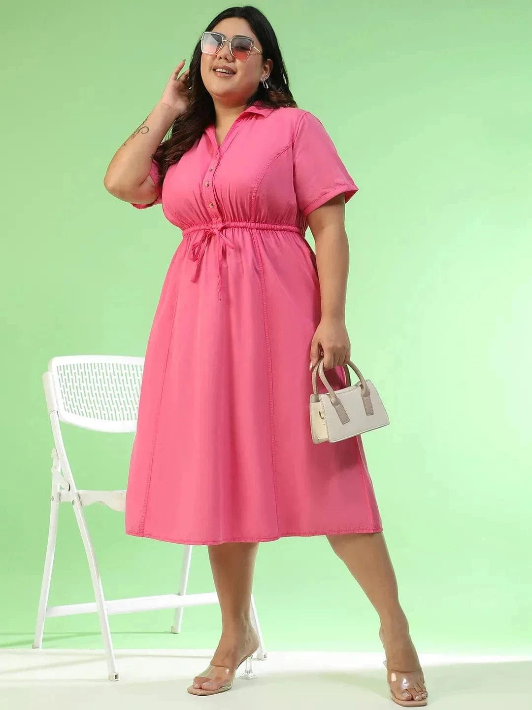 Cameo Pink Collared Short Sleeve Elasticated Tie-Up Detail Button Down Plus Size Women Cotton Dress