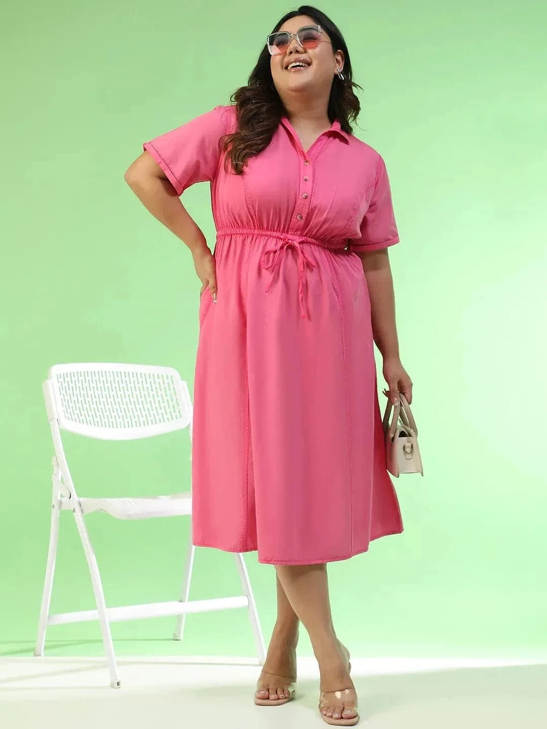 Cameo Pink Collared Short Sleeve Elasticated Tie-Up Detail Button Down Plus Size Women Cotton Dress