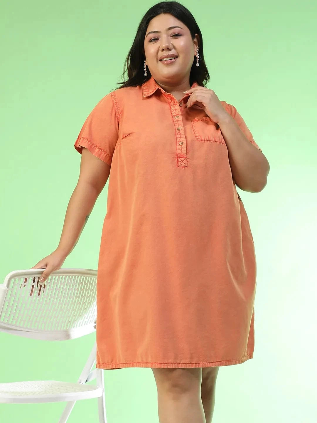 Matchy Orange Collared Button Detail Short Sleeve Plus Size Women Cotton Dress