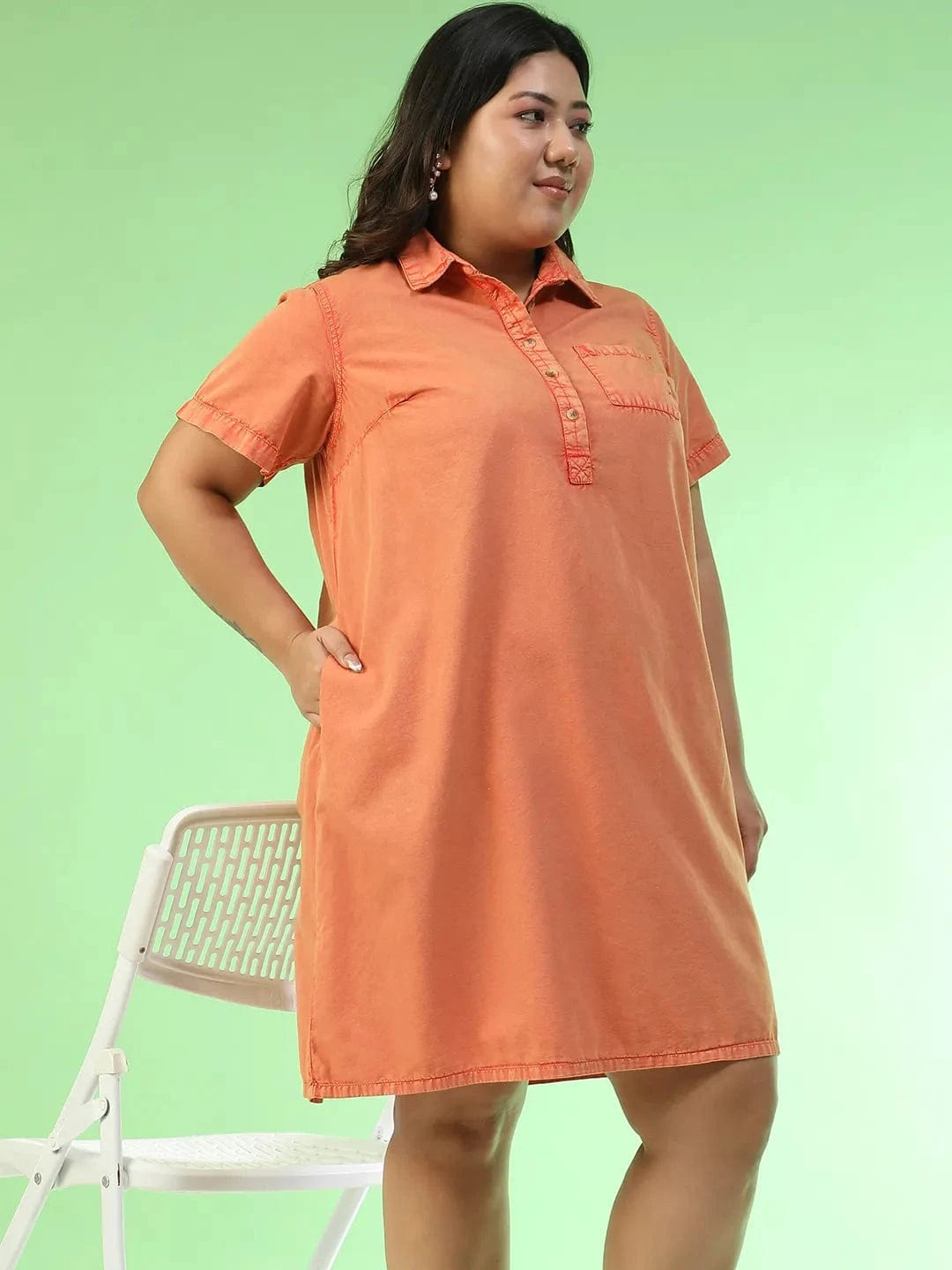 Matchy Orange Collared Button Detail Short Sleeve Plus Size Women Cotton Dress