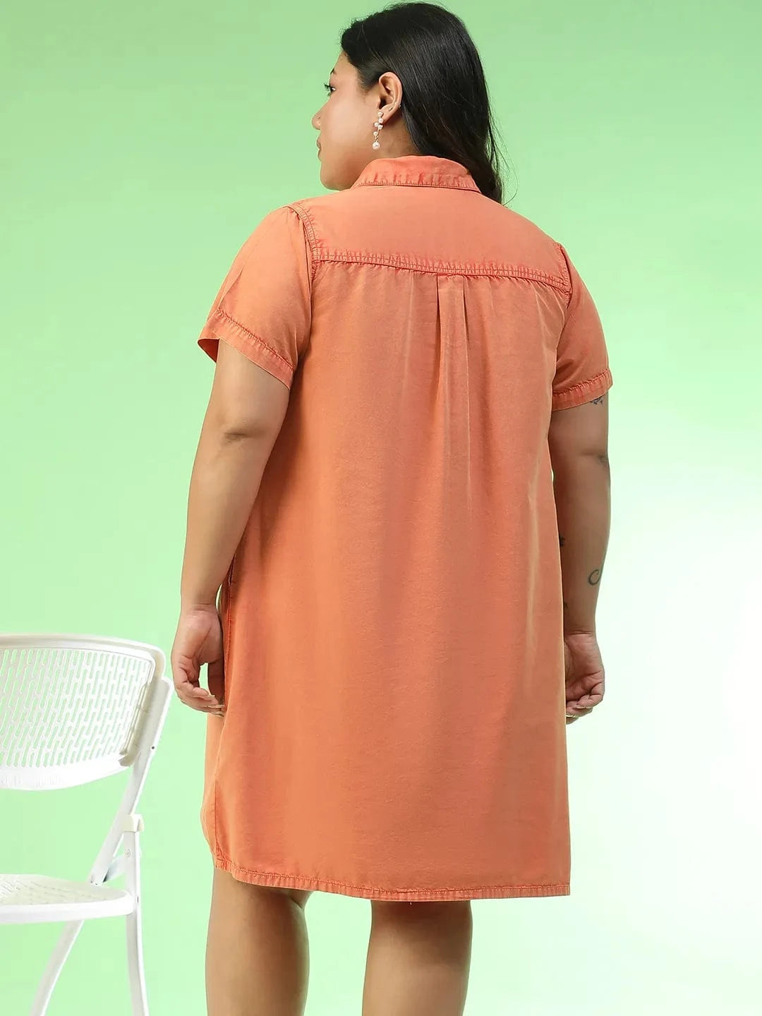 Matchy Orange Collared Button Detail Short Sleeve Plus Size Women Cotton Dress