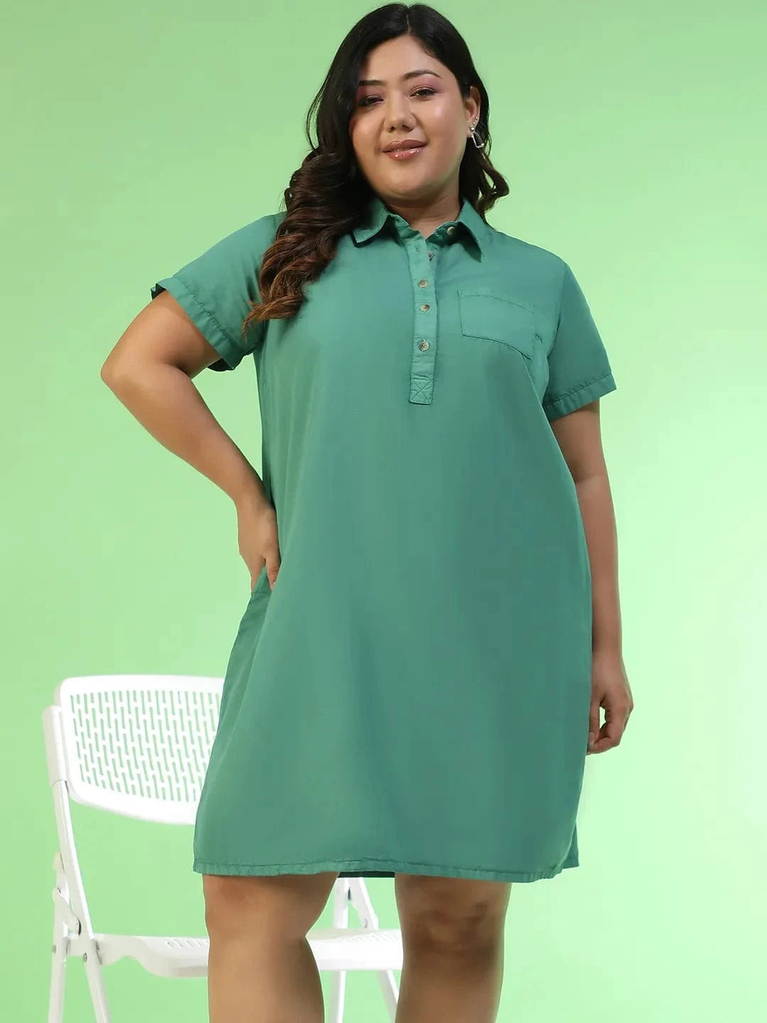 Softcore Green Collared Button Detail Short Sleeve Plus Size Women Cotton Dress