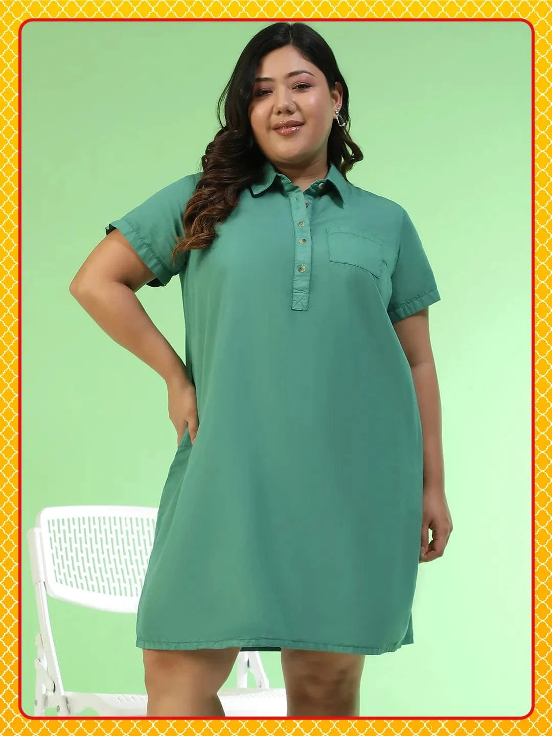 Softcore Green Collared Button Detail Short Sleeve Plus Size Women Cotton Dress