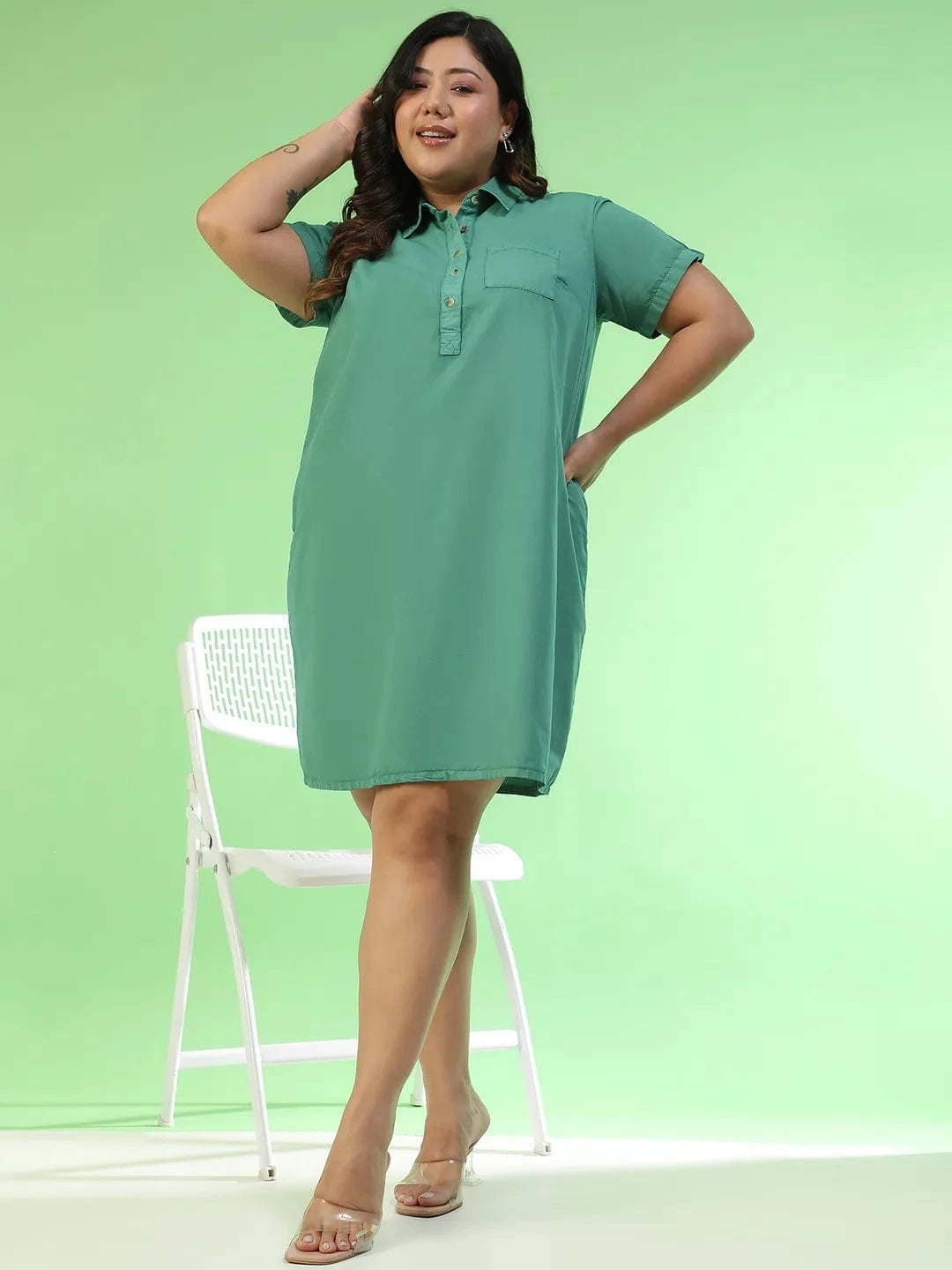 Softcore Green Collared Button Detail Short Sleeve Plus Size Women Cotton Dress