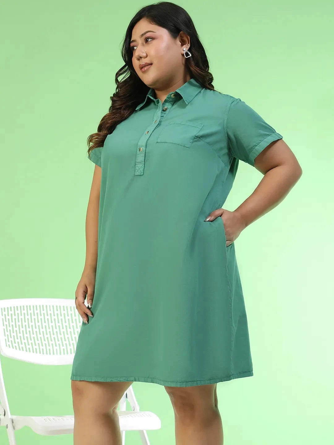 Softcore Green Collared Button Detail Short Sleeve Plus Size Women Cotton Dress