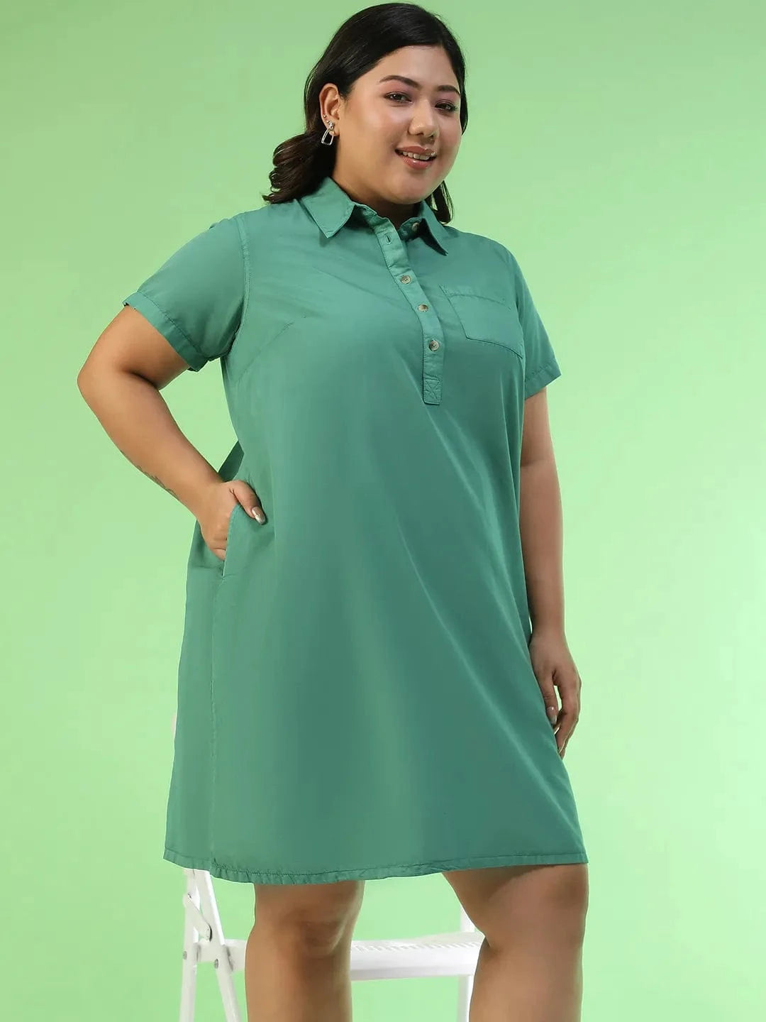 Softcore Green Collared Button Detail Short Sleeve Plus Size Women Cotton Dress