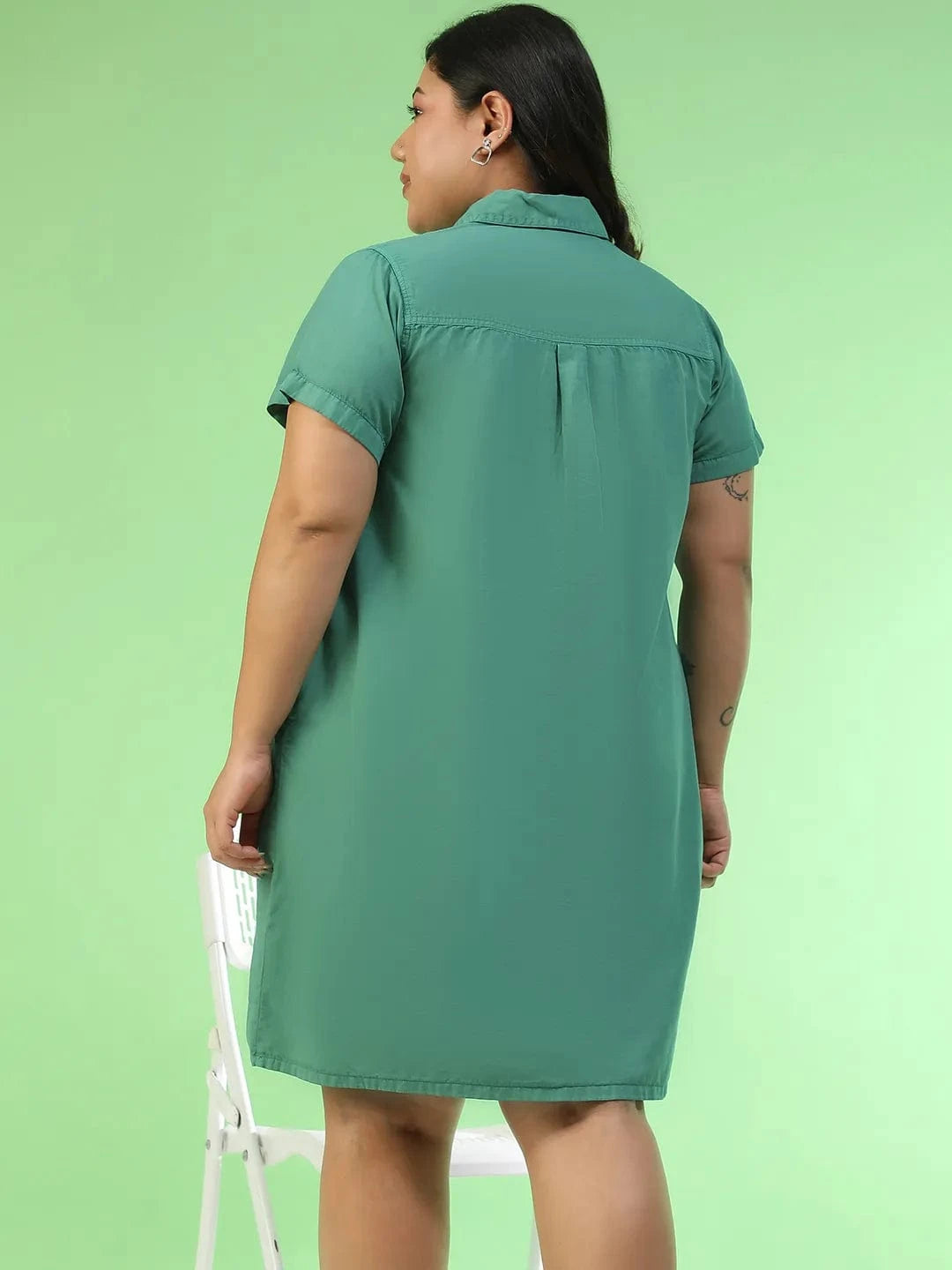 Softcore Green Collared Button Detail Short Sleeve Plus Size Women Cotton Dress