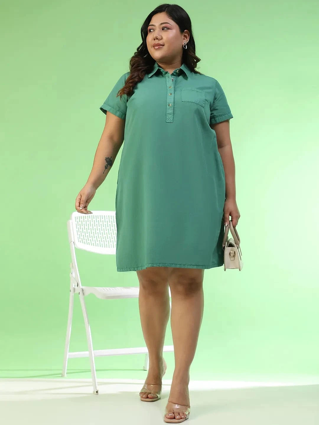 Softcore Green Collared Button Detail Short Sleeve Plus Size Women Cotton Dress