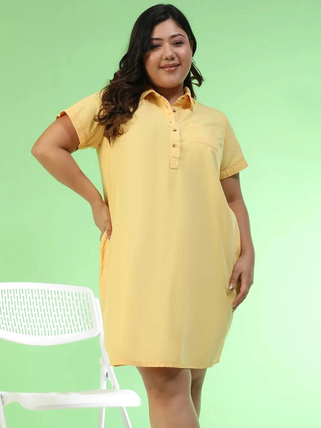 Preppy Yellow Collared Button Detail Short Sleeve Plus Size Women Cotton Dress