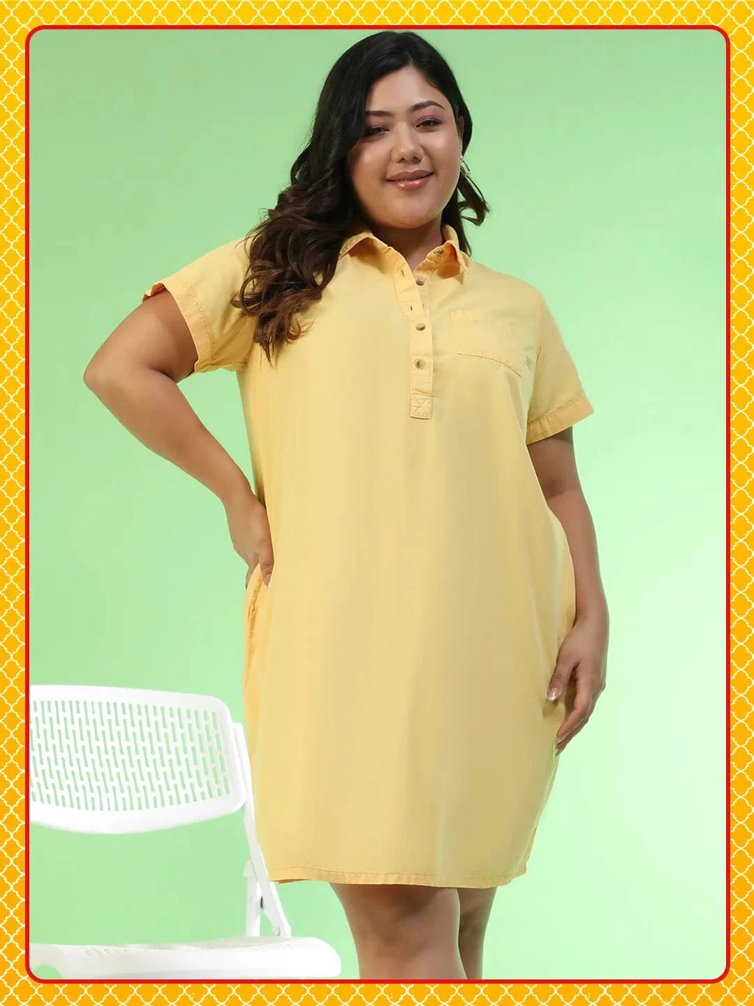 Preppy Yellow Collared Button Detail Short Sleeve Plus Size Women Cotton Dress