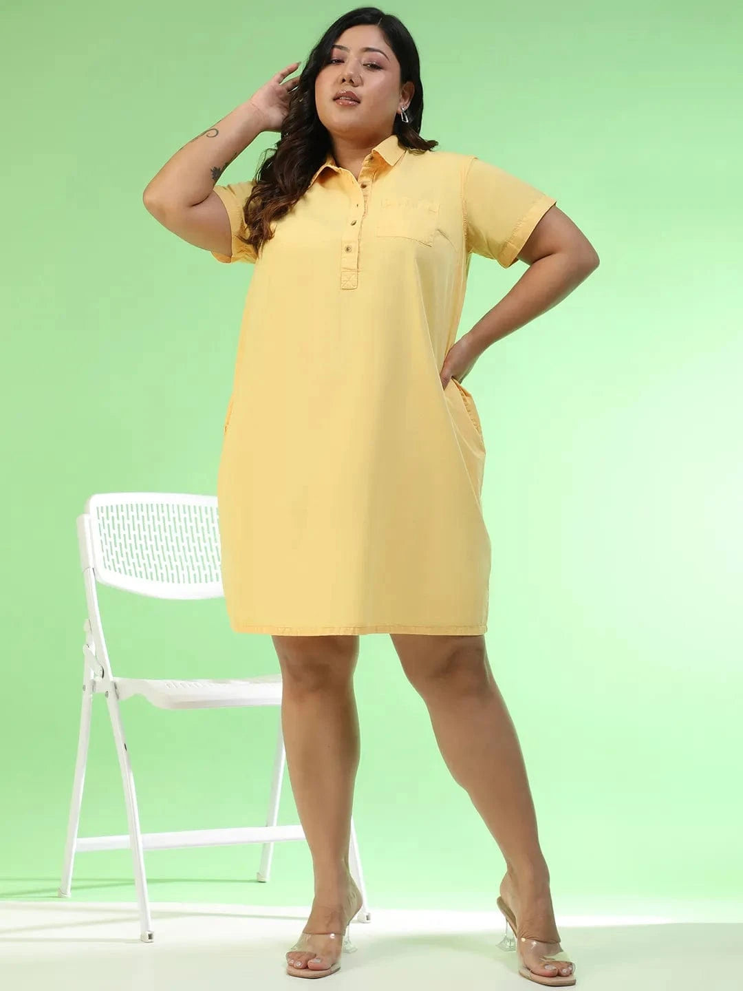 Preppy Yellow Collared Button Detail Short Sleeve Plus Size Women Cotton Dress