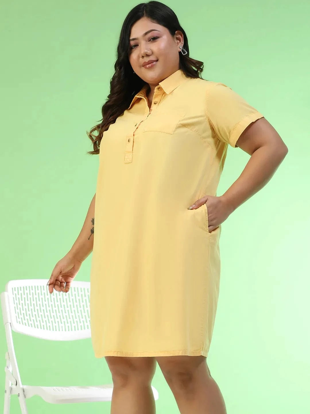 Preppy Yellow Collared Button Detail Short Sleeve Plus Size Women Cotton Dress