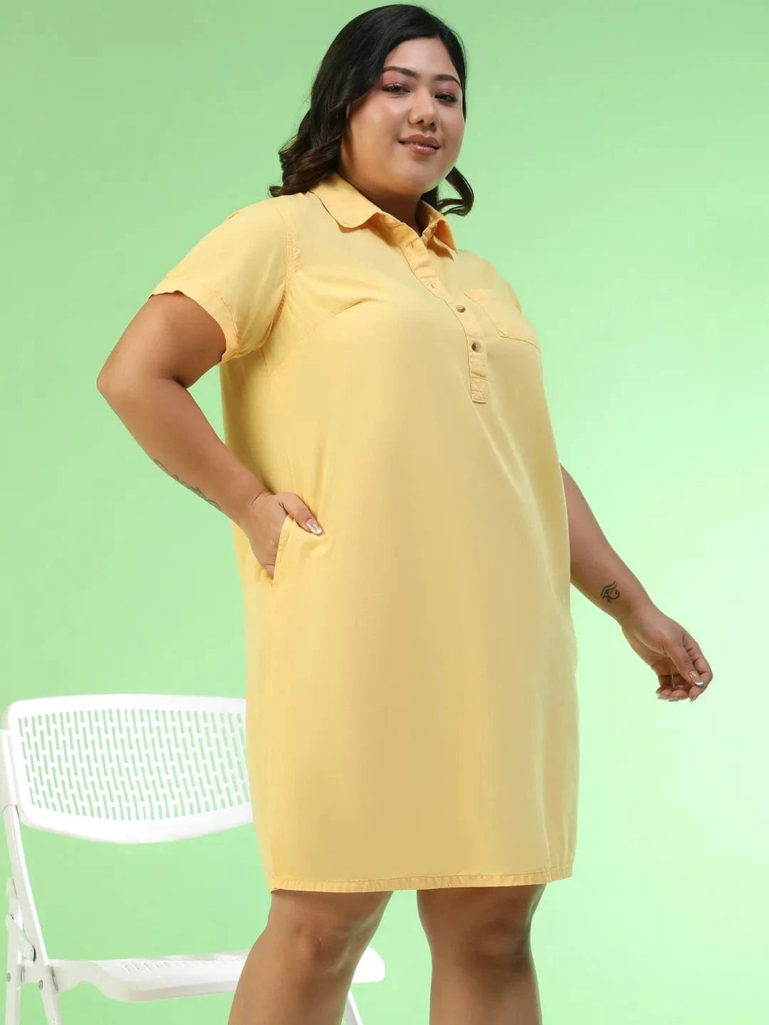 Preppy Yellow Collared Button Detail Short Sleeve Plus Size Women Cotton Dress