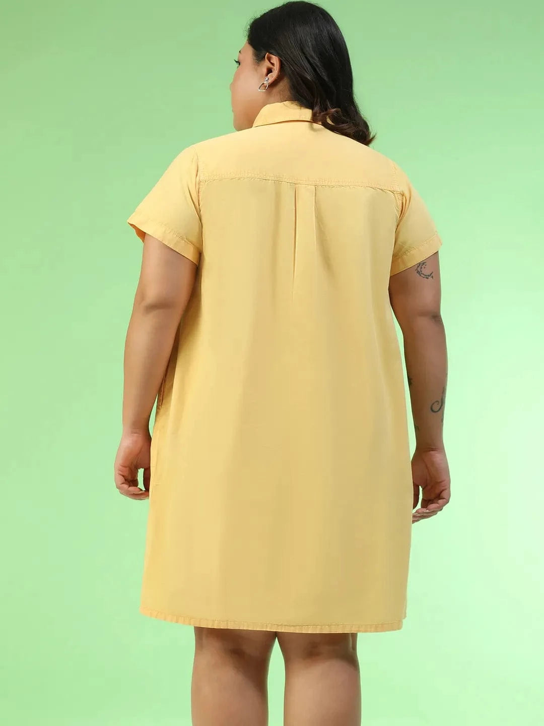 Preppy Yellow Collared Button Detail Short Sleeve Plus Size Women Cotton Dress
