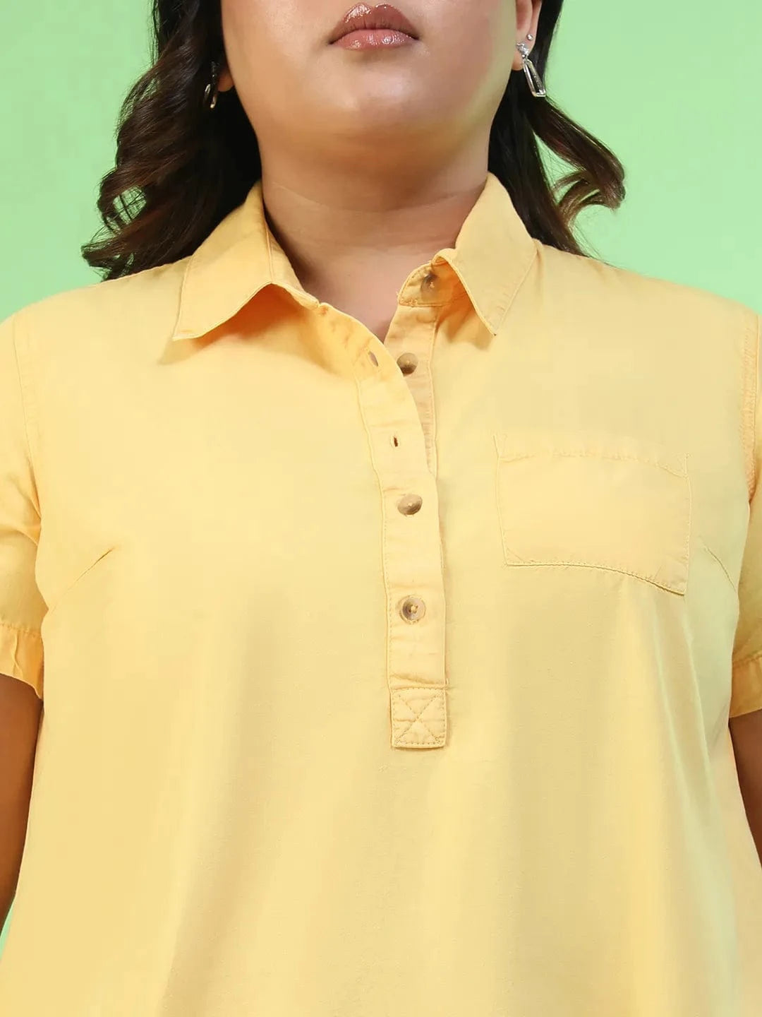 Preppy Yellow Collared Button Detail Short Sleeve Plus Size Women Cotton Dress