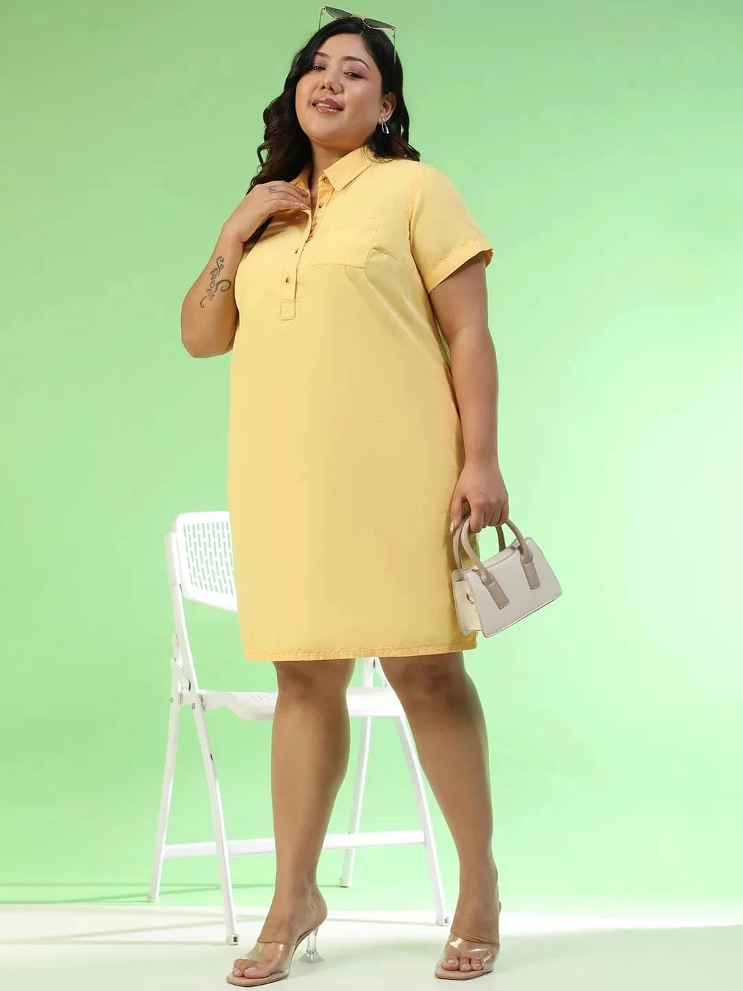 Preppy Yellow Collared Button Detail Short Sleeve Plus Size Women Cotton Dress